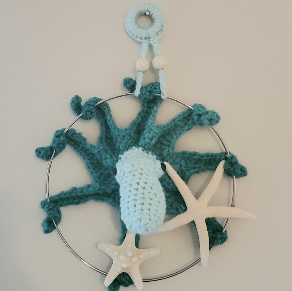Handmade Crochet Sea Star Wall Hanging in Teal and Light Blue